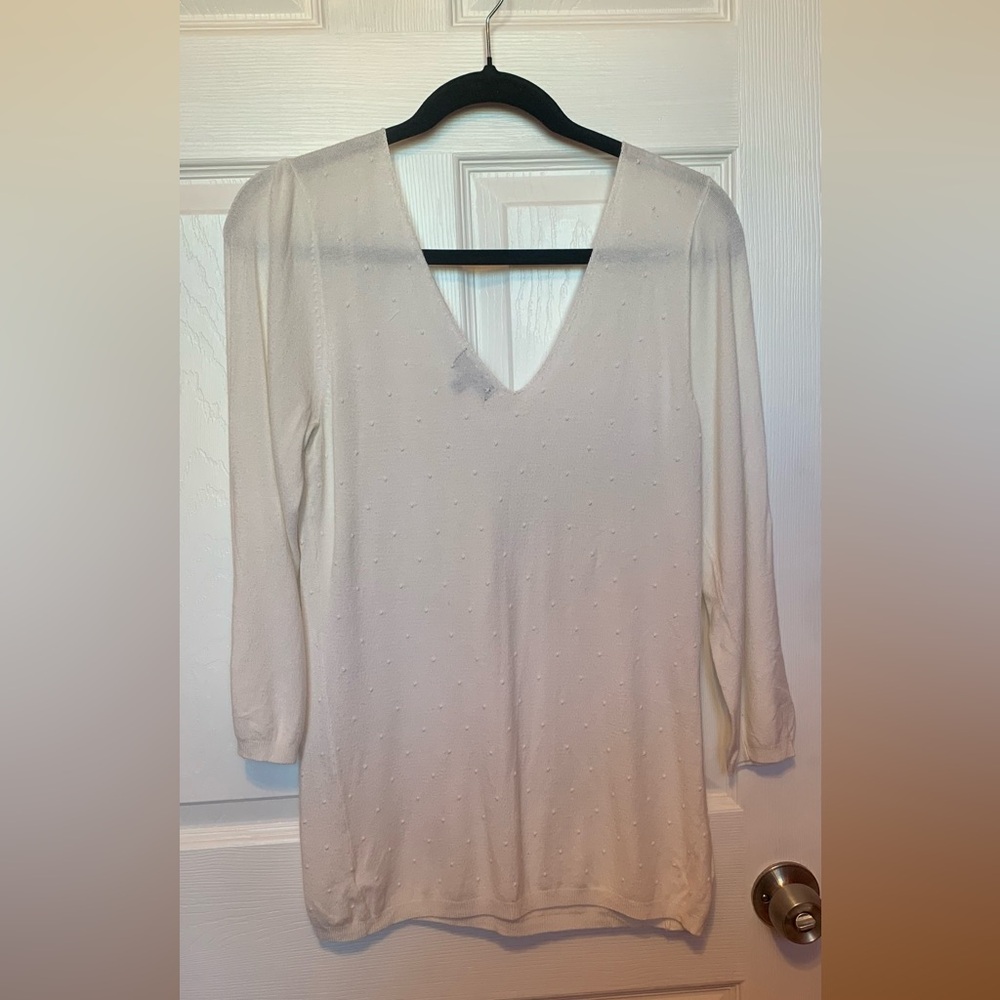 The Limited Cream V-Neck Long Sleeve Top with Dot Texture